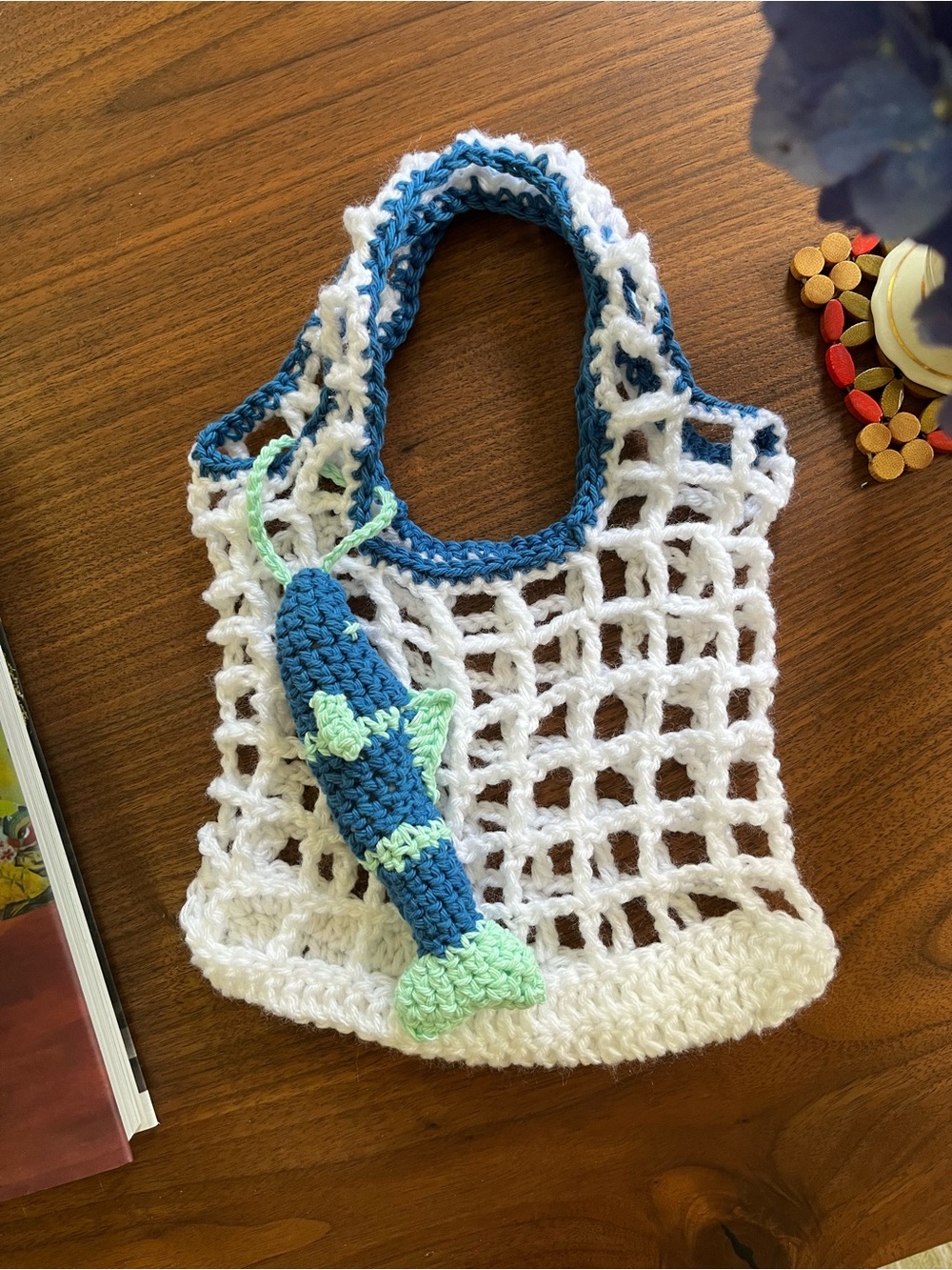 White Crochet Market Bag with Blue Trim and Fish Charm